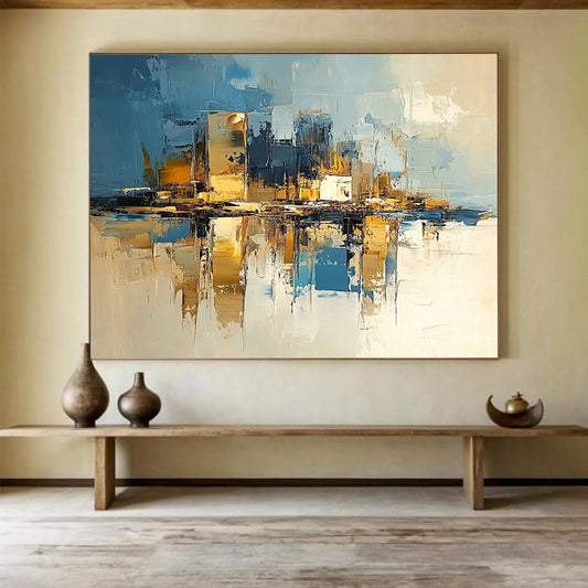 “Cityscape Reflections” - Deep blues, golds, whites; Abstract city skyline mirrored in water; Palette Knife Oil Painting On Canvas HB1177
