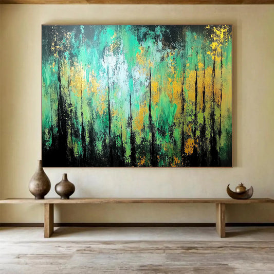 “Enchanted Forest Abstract” - Green, Teal, Gold, Black with Tree - like Forms - Painting On Canvas HB1382
