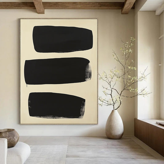 Contemporary abstract painting featuring five overlapping black shapes on a cream background inspired by Adolphus Reiffel's minimalistic style. DLZ1414