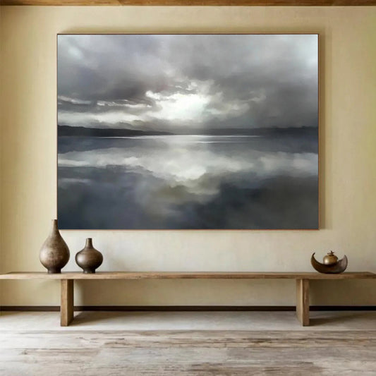 “Moody Lake Reflection” - Gray clouds reflected in a lake, Impressionist Landscape Painting On Canvas HB0551