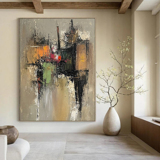Large contemporary hand-painted abstract artwork featuring an old village with muted colors and visible brushstrokes on a grayish-brown background. DLZ0960
