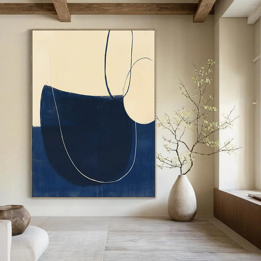 Contemporary hand-painted abstract artwork featuring minimalist line drawings, elegant curves, and a navy blue and cream palette in woodblock print style. DLZ1633