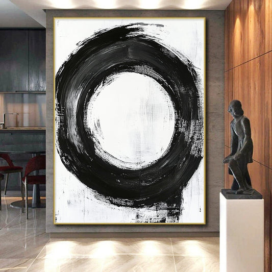 Black, White, Refined Circular Stroke "Pure Enso" Abstract Minimalist Painting On Canvas HB045