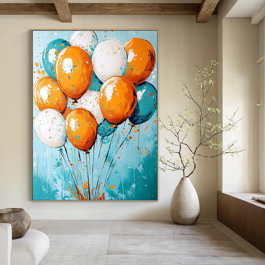 Contemporary abstract artwork featuring vibrant orange and teal colors, joyfully celebrating with floating balloons and dynamic paint splashes. DLZ0279