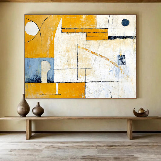 “Yellow - Blue Geometric Abstraction” - Yellow, Blue, White with Geometric Shapes - Abstract Acrylic Painting HB1352