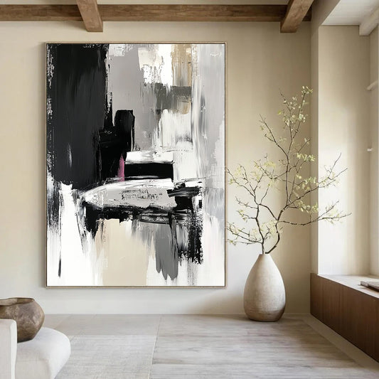 Contemporary hand-painted abstract artwork in black and grey features expressive brushstrokes with fluid shapes and textured surfaces depicting a car in an art gallery. DLZ0924