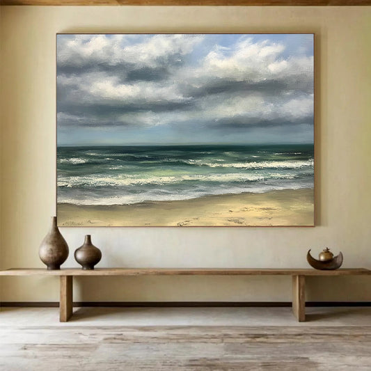 Green, Blue, Gray and Beige Cloudy Seaside "Calm Coast" Painting On Canvas HB0671