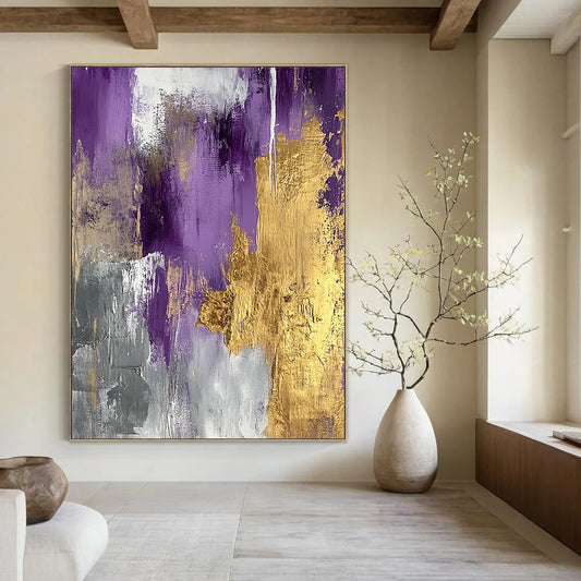 Contemporary hand-painted abstract art features gold and silver foil on a lilac palette, creating elegance and serene sophistication with metallic accents. DLZ0275