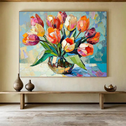 “Colorful Tulip Vase” - Vivid Oranges, Pinks, Purples, Lively Tulip Arrangement - Cubist - Inspired Oil Painting HB1723