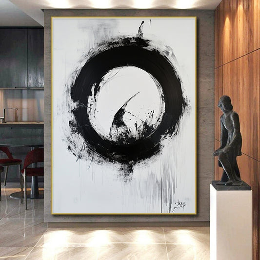 Black and White Textured Circle "Rough Enlightenment" Painting On Canvas HB265