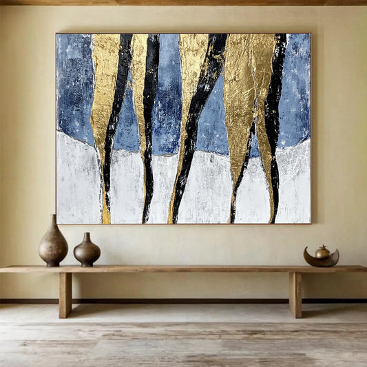 “Gold Black Stripes on Blue White” - Gold, Black, Blue, White, Striped Forms - Painting On Canvas HB1416