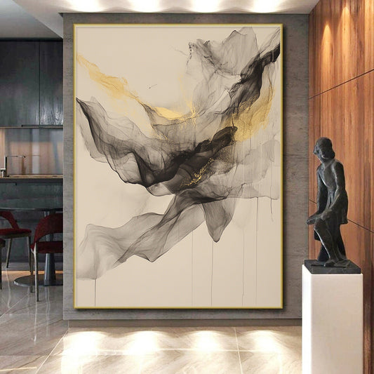 Beige, Gray, Gold, Flowing Shapes "Golden Veil" Abstract Painting On Canvas HB027