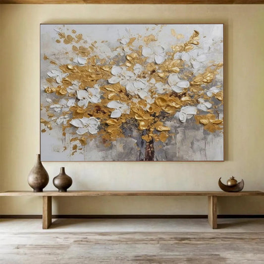 Gold & White Flower Tree - Elegant Living Room or Bedroom Art DLZ246