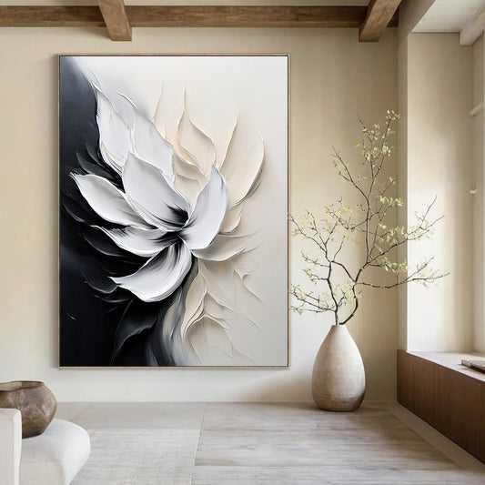 Contemporary abstract flower painting with smooth brushstrokes and monochrome palette evokes tranquility and elegance through delicate petal details and soft lighting. DLZ0828