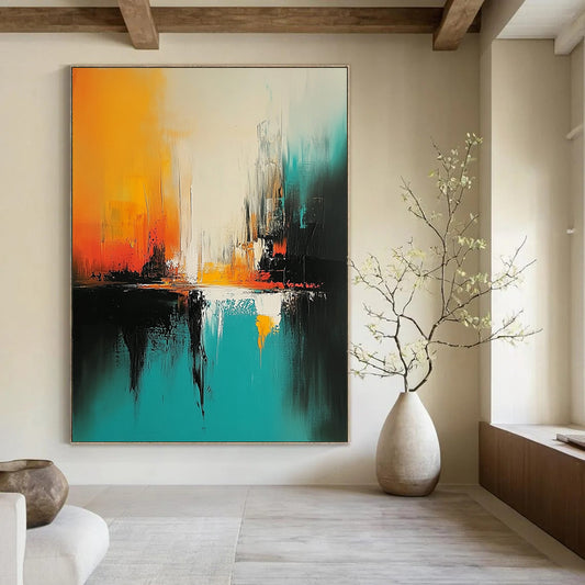 Impressionistic abstract painting featuring turquoise and black brush strokes with white space and vibrant orange and yellow hues creating a nature-inspired immersive experience. DLZ0541