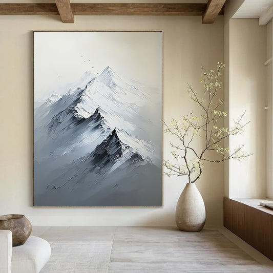 Contemporary hand-painted abstract artwork featuring a large snow-capped mountain range in white and gray tones with rich textures and strong light contrast. DLZ1290
