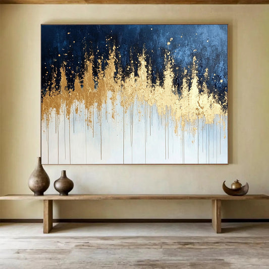 “Gold Drip on Blue - Gray Abstract” - Gold, Blue, Gray, White, Dripping Textures Painting On Canvas HB0825