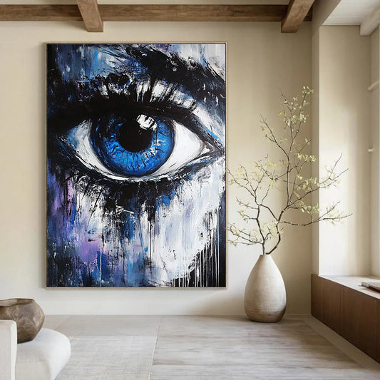 Contemporary abstract painting featuring a blue and white eye with black hints against a dark gray and light purple background, evoking emotional and magical themes. DLZ0952