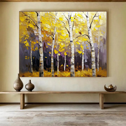 “Colorful Autumn Birch Forest” - Yellows, Purples, Browns, White, Birch Forest - Textured Oil Painting HB1583