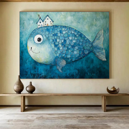 “House - Topped Blue Fish” - Blue fish, white houses, Whimsical Painting On Canvas HB0576