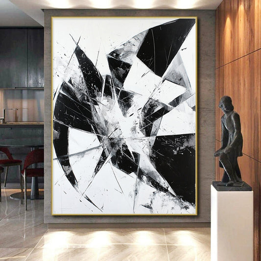 Black and White Geometric Shards "Broken Order" Painting On Canvas HB268