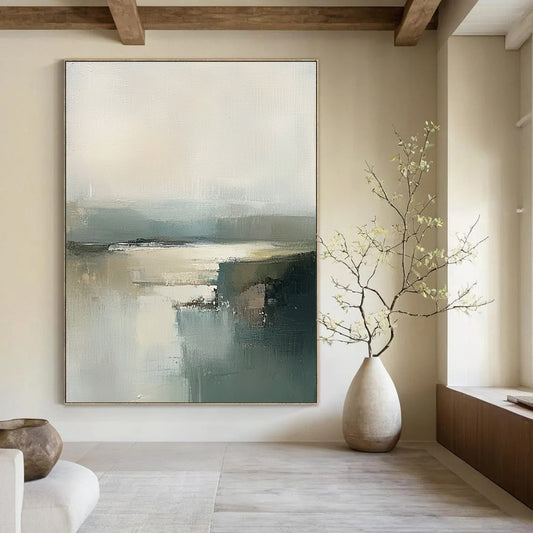 Contemporary abstract art featuring an Irish landscape with expressive brush strokes in grey and green tones and a hazy neutral palette. DLZ0461