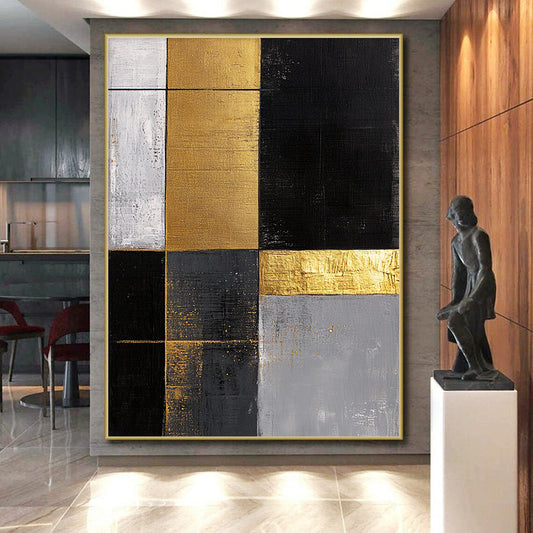 Black, White, Gold, Gray, Patchwork Squares "Gilded Mosaic Tiles" Abstract Minimalist Painting On Canvas HB162