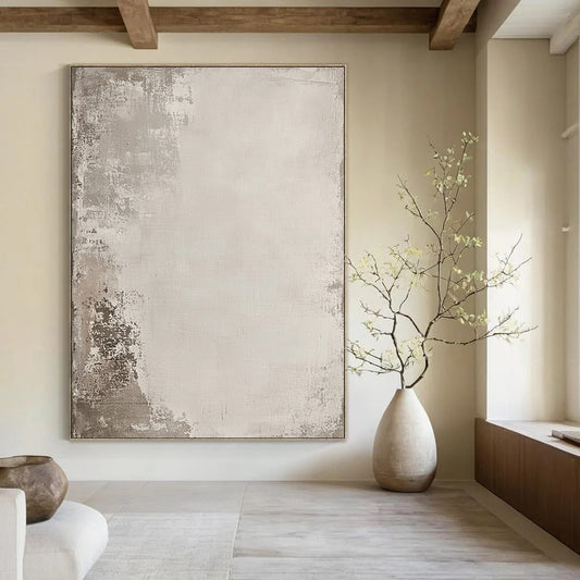Contemporary hand-painted abstract art features a distressed texture in neutral tones with hidden sketch-like designs inviting exploration and intrigue. DLZ1170