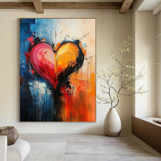 Contemporary abstract art features a heart shape in vibrant swirling colors embodying passion with expressive brushwork and dynamic composition on canvas. DLZ1272