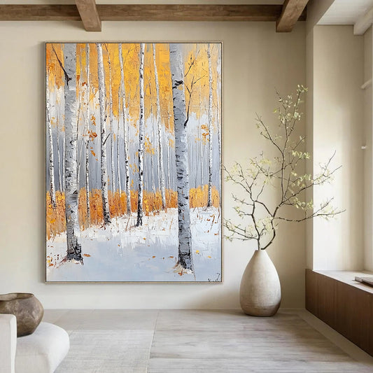 Large contemporary hand-painted abstract artwork featuring birch trees in light gray and amber, evoking tranquility with autumn foliage and snow. DLZ1103