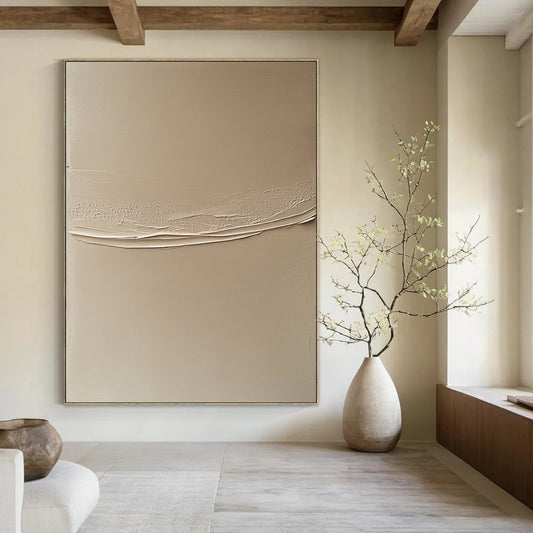 Contemporary abstract artwork featuring a beige wall with a delicate white line, highlighting contrasting textures and subtle shadows for depth. DLZ1434