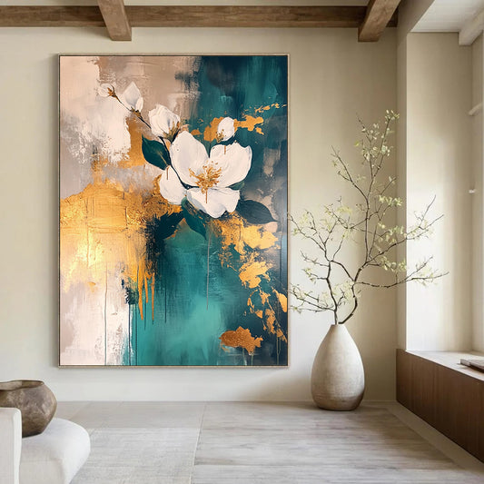Contemporary abstract painting featuring atmospheric gold leaf accents with teal and white tones and layered flowers on a neutral background. DLZ0502