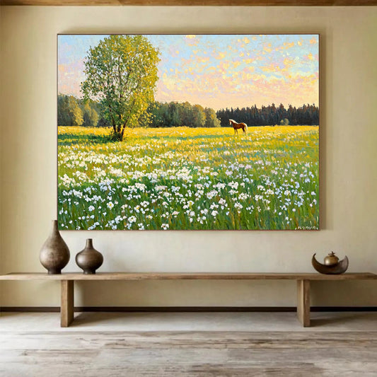 “Sunlit Field with Tree and Horse” - Bright Greens, Yellows, Blues, Field with Tree and Horse - Realist Oil Painting HB1688