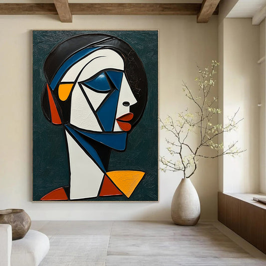 Large contemporary hand-painted abstract artwork featuring a cubist African woman with white and blue accents against a dark green background. DLZ1239