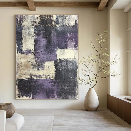 Contemporary abstract painting features urban landscape in grey and purple tones with distressed textures and vintage papers for a unique artistic touch. DLZ0589