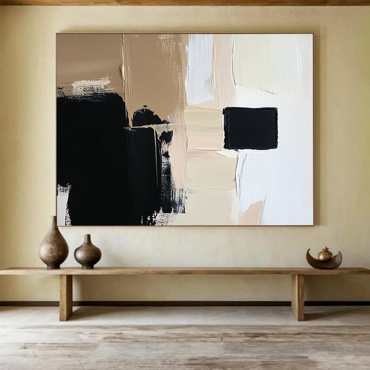 “Neutral Geometric Layers” - Beiges, Blacks, Whites, Abstract Geometric Shapes - Acrylic Painting HB1624