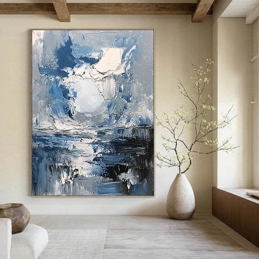 Contemporary abstract painting featuring a dynamic grey and blue stormy sky with a central white sun illuminating the reflective water below using thick impasto strokes. DLZ0600