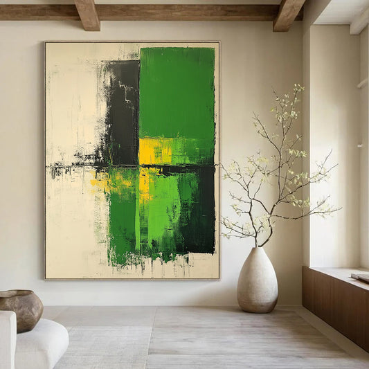 Contemporary large hand-painted abstract artwork in shades of green and white with neutral tones on textured canvas. DLZ0553