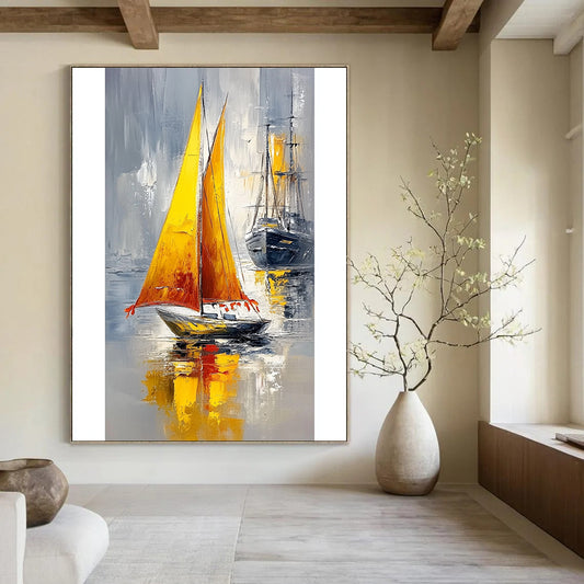 Contemporary hand-painted abstract art featuring a small boat with a yellow sail and orange tassels against a calm sea and gray sky. DLZ1700