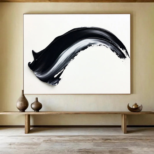 Minimalist Black & White Stroke - Simple Abstract Oil Painting On Canvas HB0480