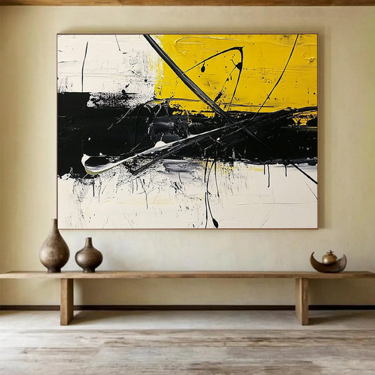 “Bold Yellow - Black Strokes” - Yellow, Black, White, Dynamic Abstract Lines - Acrylic Painting HB1626