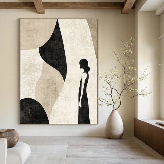 Contemporary abstract artwork featuring muted beige and black tones with simple line art, perfect for modern decor aesthetics. DLZ0798