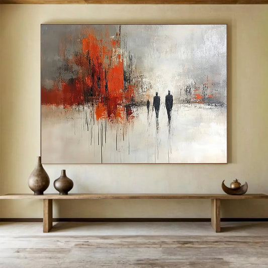 “Urban Stroll” - Gray, Orange, Black, Abstract Figures in Cityscape Painting On Canvas HB1052