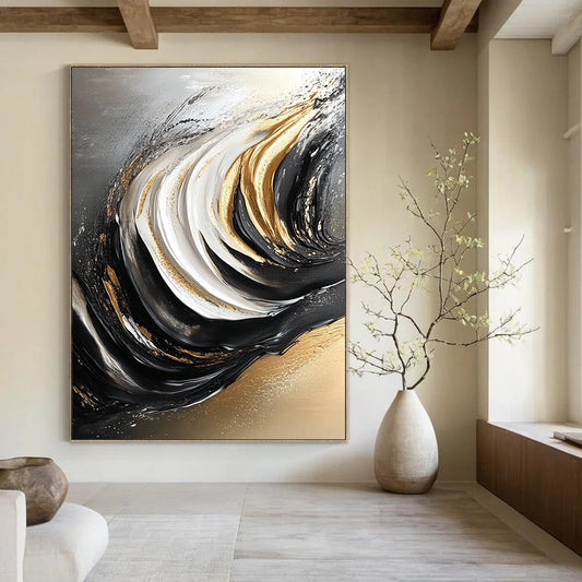 Contemporary hand-painted abstract art featuring flowing grain in black and white with elegant gold accents for a striking visual impact. DLZ0297