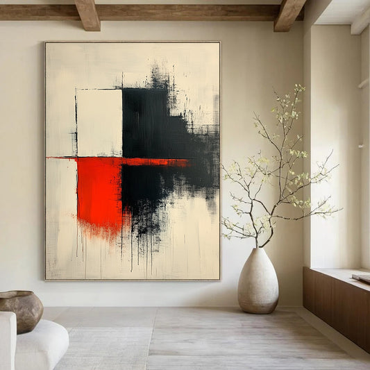 Contemporary hand-painted abstract art features thick dark gray brushstrokes with red accents on a white background showcasing elegant shapes and lines. DLZ1638