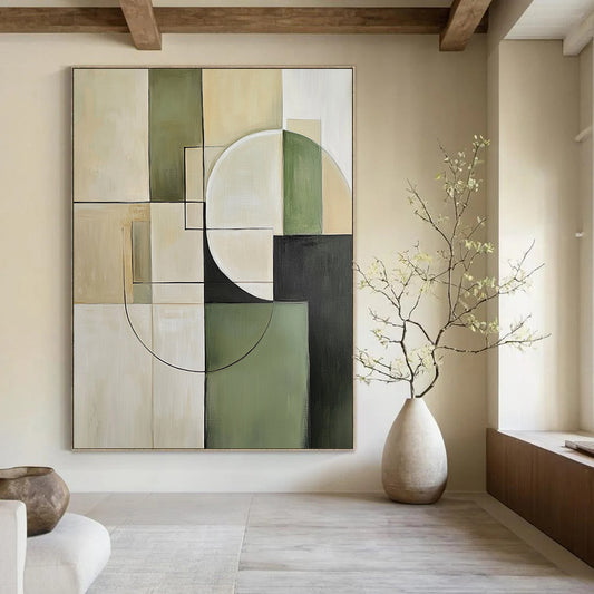 Contemporary hand-painted abstract artwork featuring minimalist beige and green tones with geometric squares and circles for a sophisticated aesthetic. DLZ0552