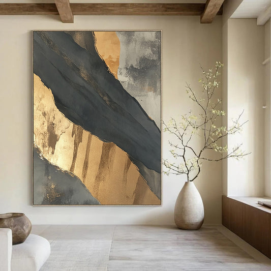 Contemporary large hand-painted abstract artwork featuring intricate black and gray patterns highlighted by elegant gold accents. DLZ1715