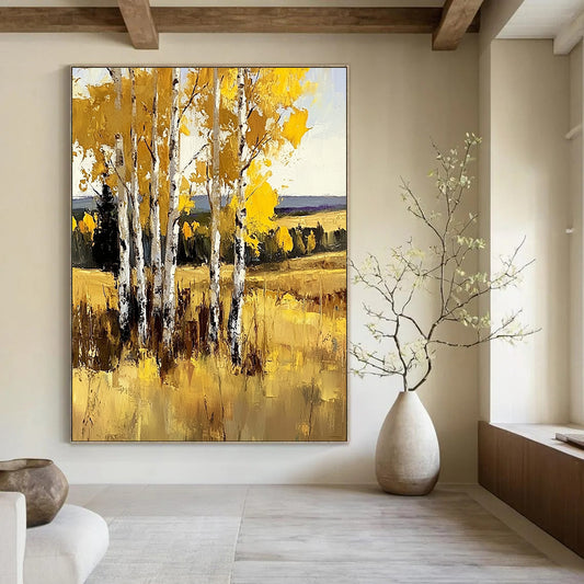 Large contemporary hand-painted abstract artwork featuring birch trees in vibrant yellow against sunny grasslands with bold brush strokes. DLZ1102