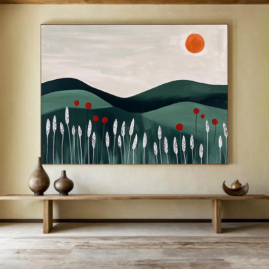 “Minimalist Green Hills” - Blocky green hills, white plants, and an orange sun, Minimalist Landscape Painting On Canvas HB0547
