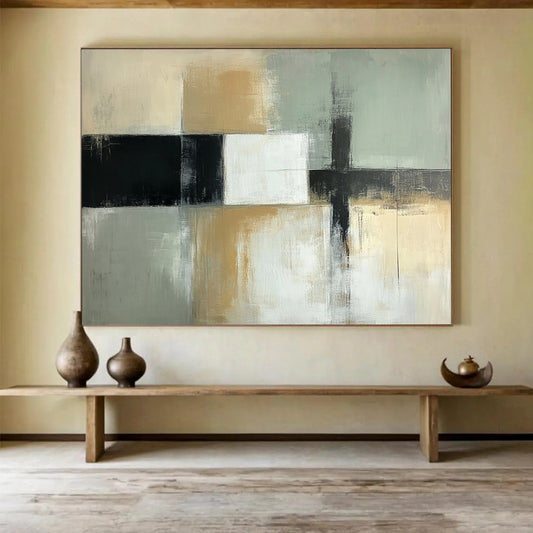 “Subtle Geometric Abstract” - Beige, gray, white, black; Geometric abstract with soft color transitions; Acrylic Painting On Canvas HB1258